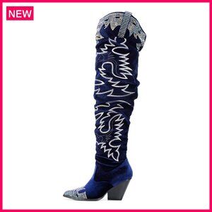 Thigh High Cowboy Boots Rhinestone Embroidery Wide Calf Memory Foam 3 Inch Heel